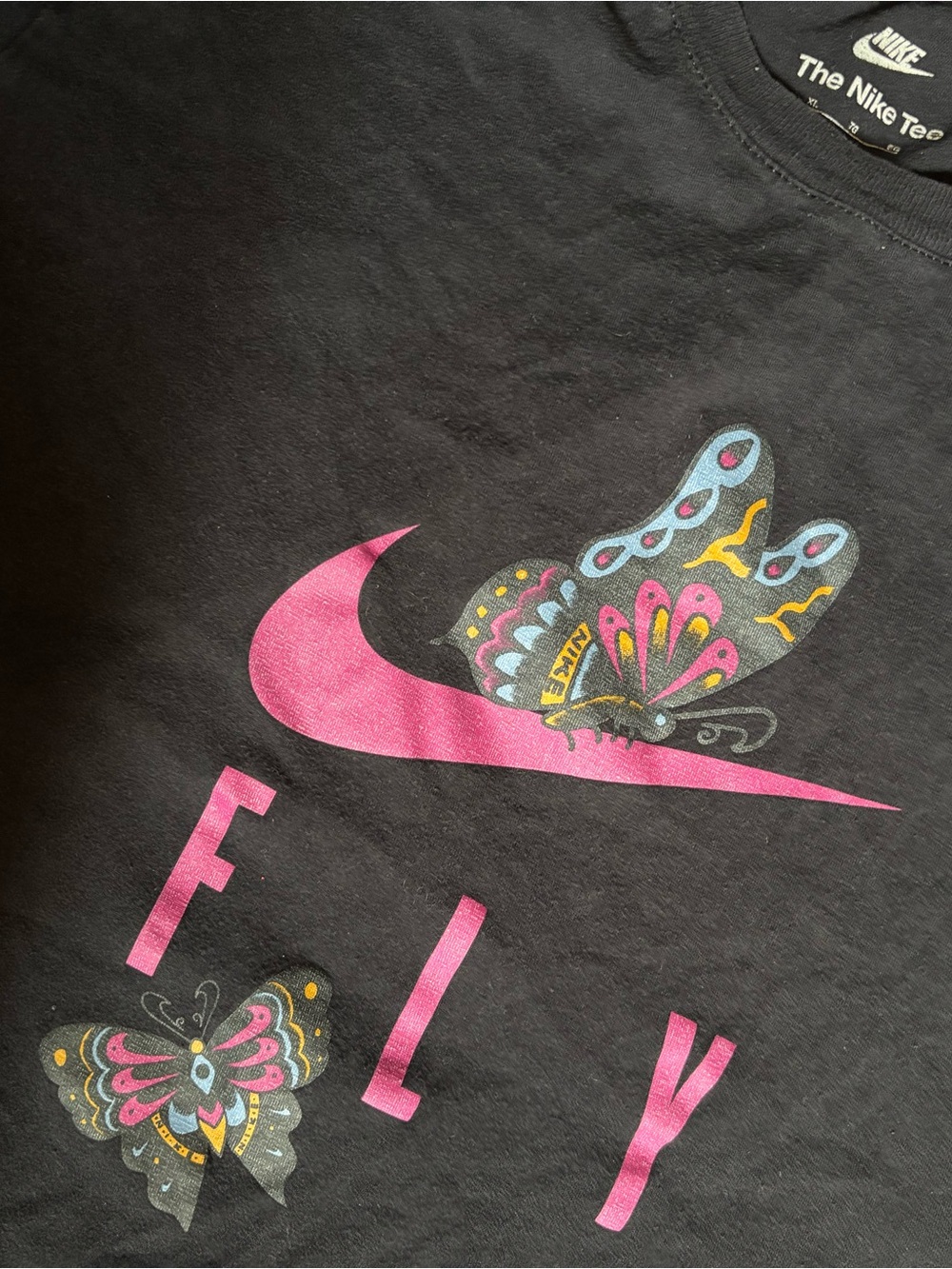 Nike Black Tee with Pink Swoosh & Multicolor Butterfly Accents